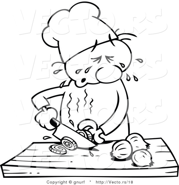600x620 Vector Line Drawing Of A Cartoon Chef Slicing Onions While Crying