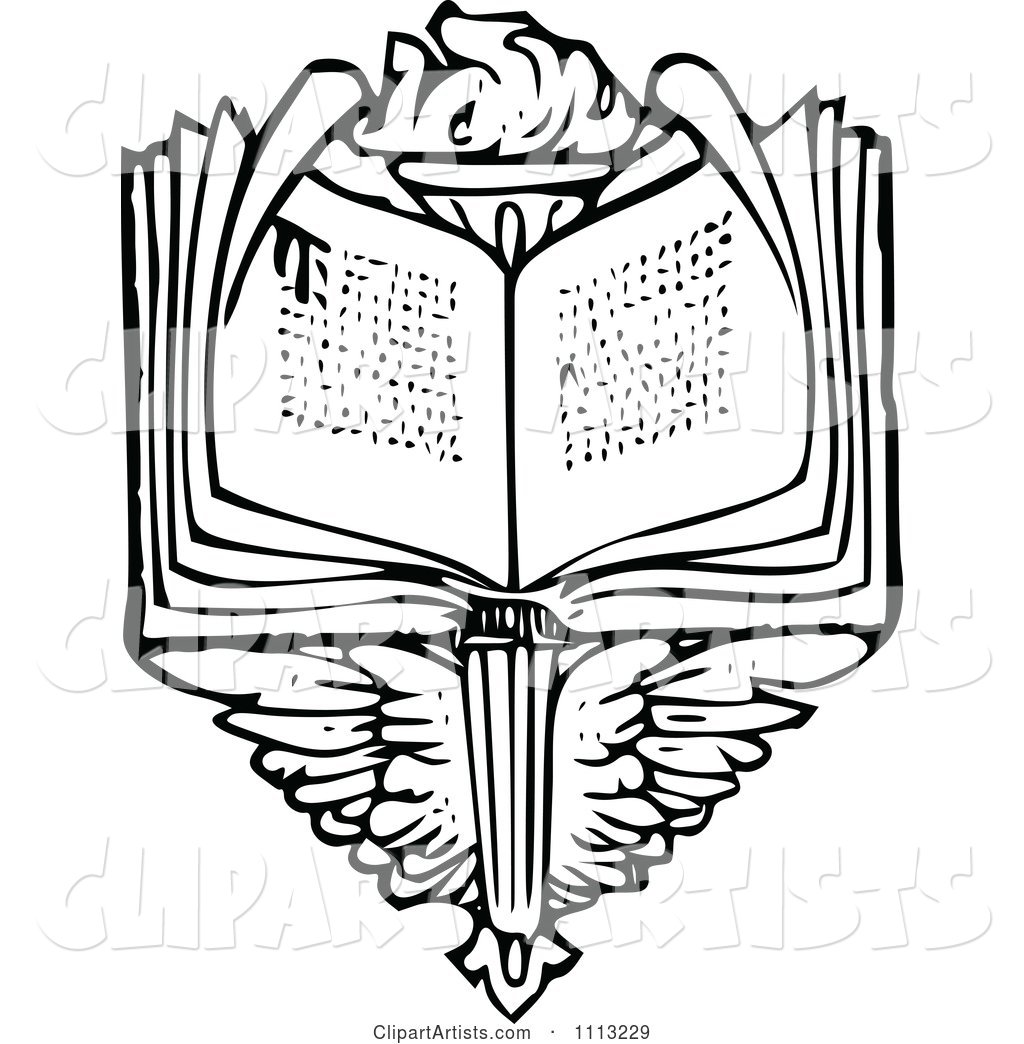1024x1044 Vintage Black And White Open Book Over Wings And A Torch Clipart