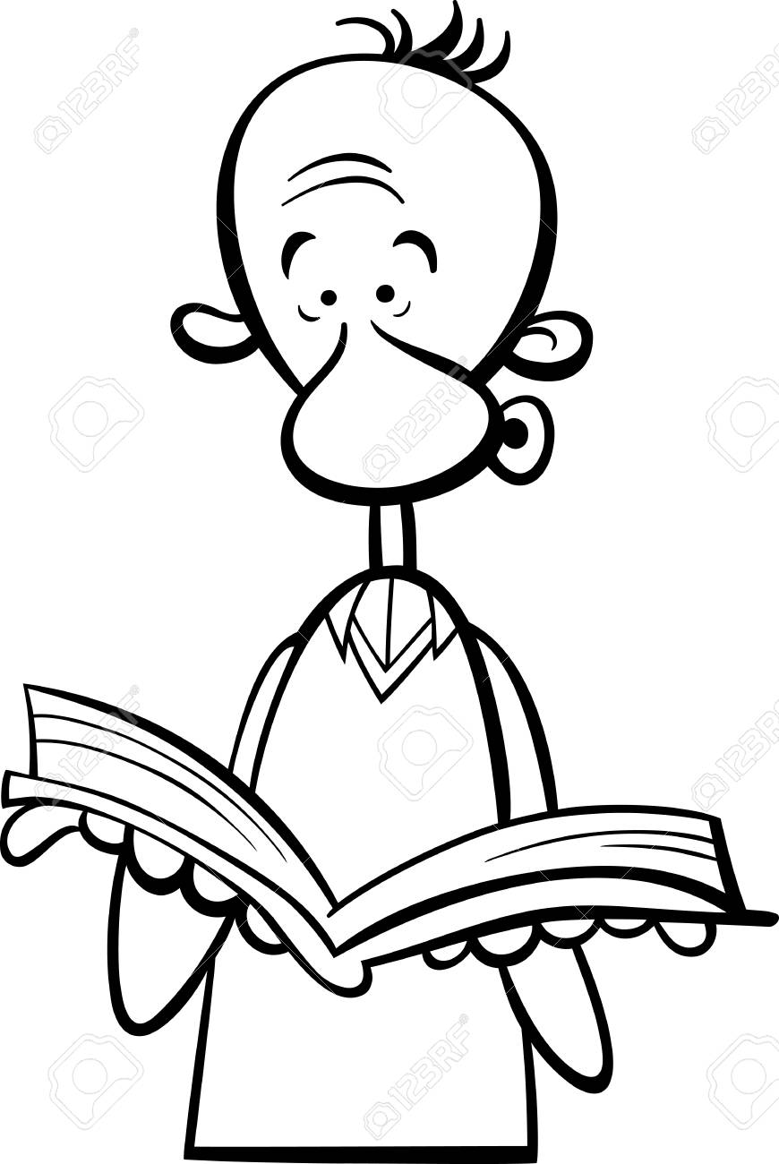 870x1300 Black And White Cartoon Illustration Of Funny Man With Open Book