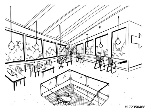 500x375 Freehand Drawing Of Open Space Or Coworking With Large Panoramic