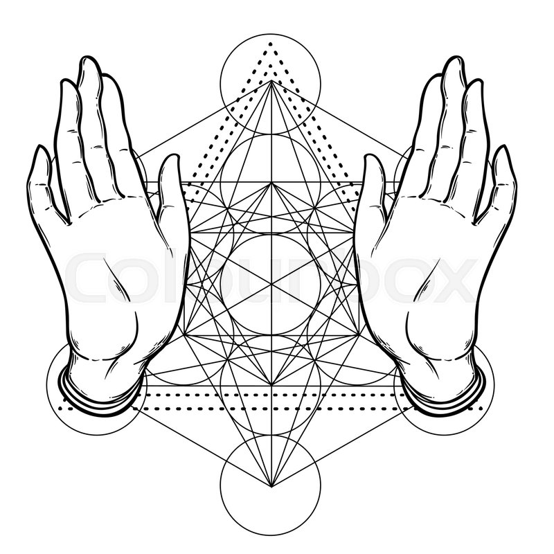 800x800 Open Hands Over Sacred Geometry, Metatrons Cube, Flower Of Life