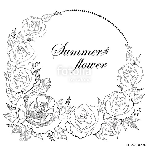 500x500 Vector Drawing Of Round Wreath With Outline Rose Flower