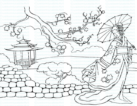 550x425 Oriental Lady Drawing Coloring Page Picture Traditional National