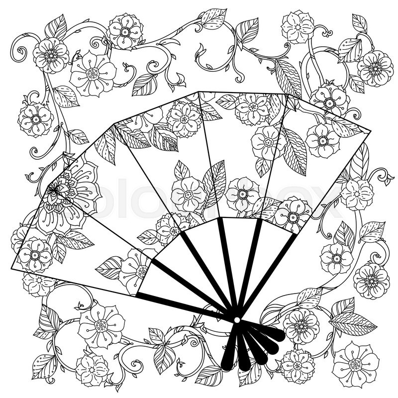 800x800 Uncoloured Oriental Fan Decorated With Floral Patterns For Adult