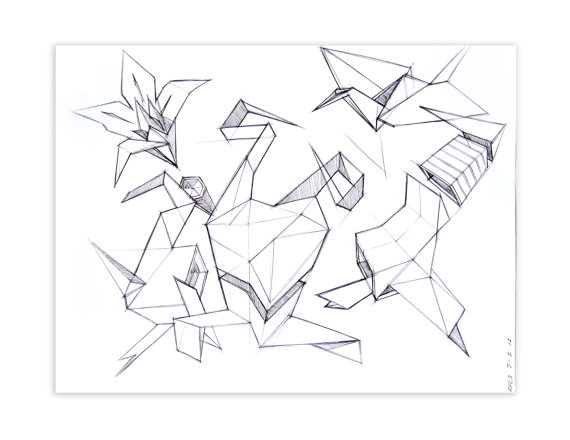 570x440 Origami Bird Abstract Original Drawing Concept Art By Strakt