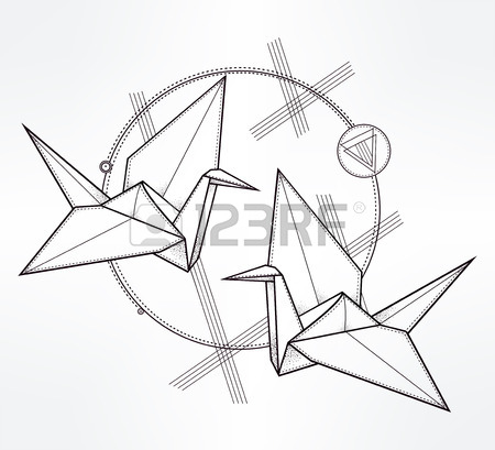 450x409 Origami Crane Birds. Paper Crane Stylized Triangle Polygonal
