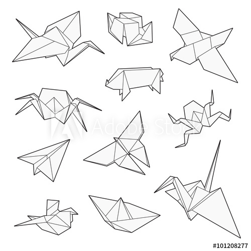 500x500 Origami Vector Set, Crane, Bird, Boat, Paper Plane. Un Expanded