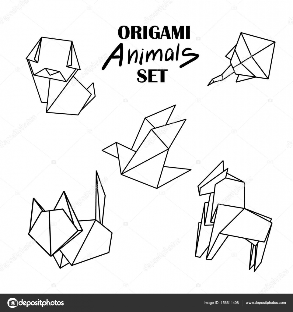 963x1024 Origami Animals Set. Animals From Paper Snake, Dog, Horse, Cat