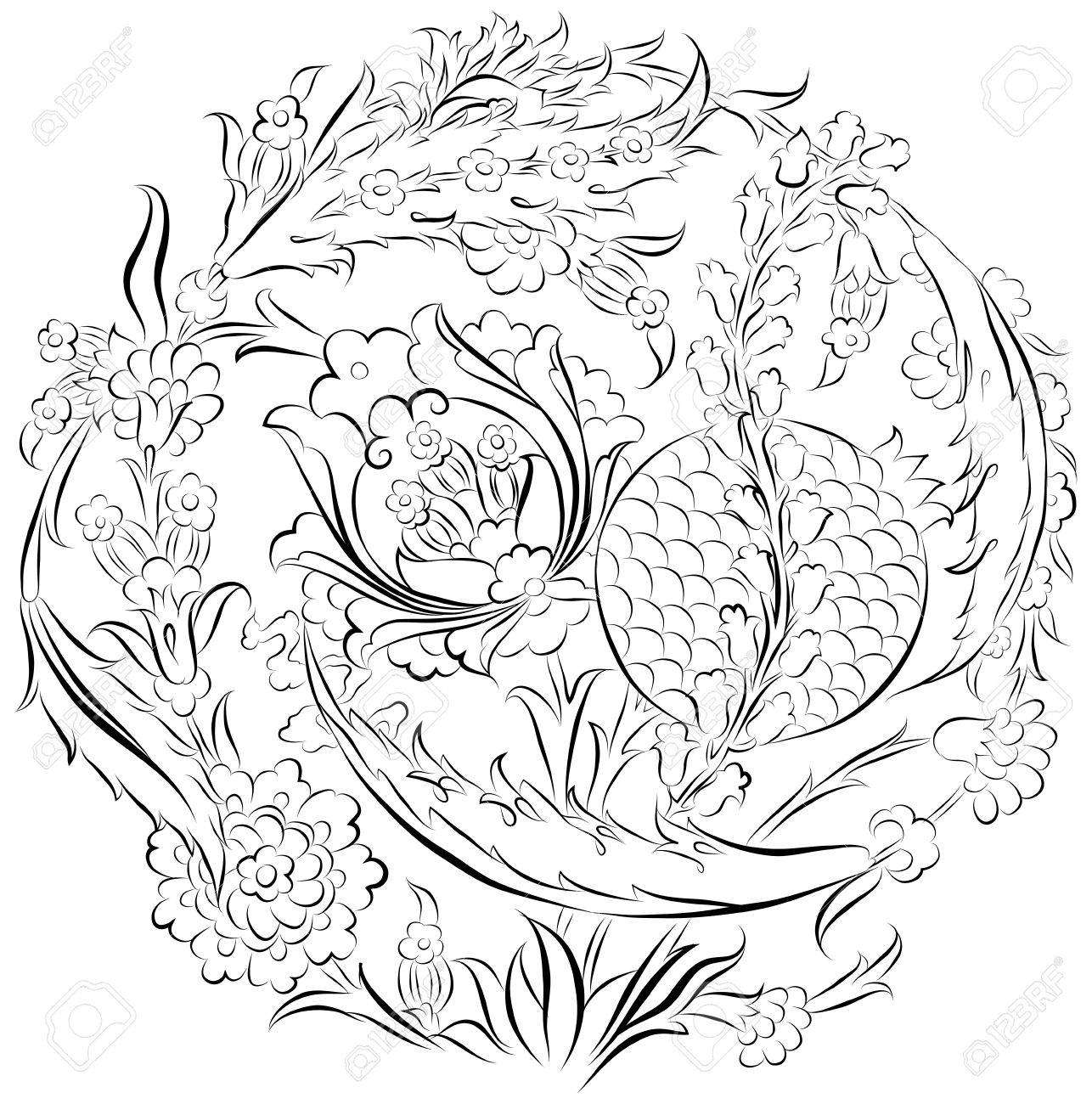 1286x1300 Floral Ornament Drawing In A Circular Composition With Stylized