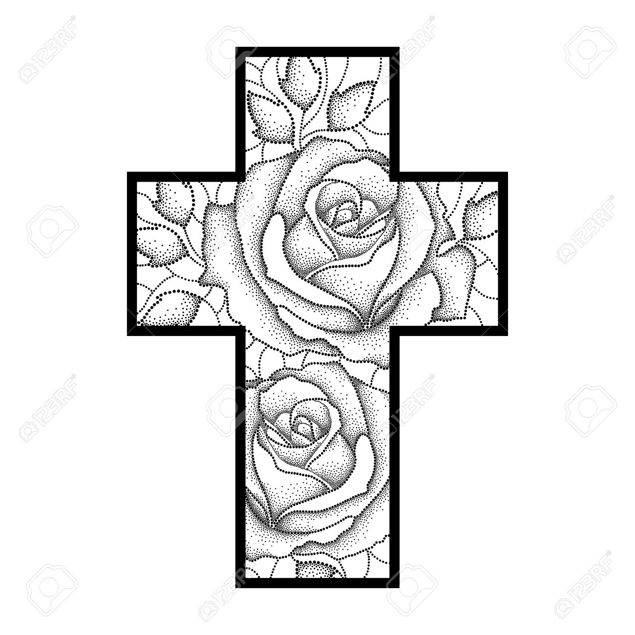 1300x1300 Drawing Of Latin Cross With Dotted Rose Flower And Leaves