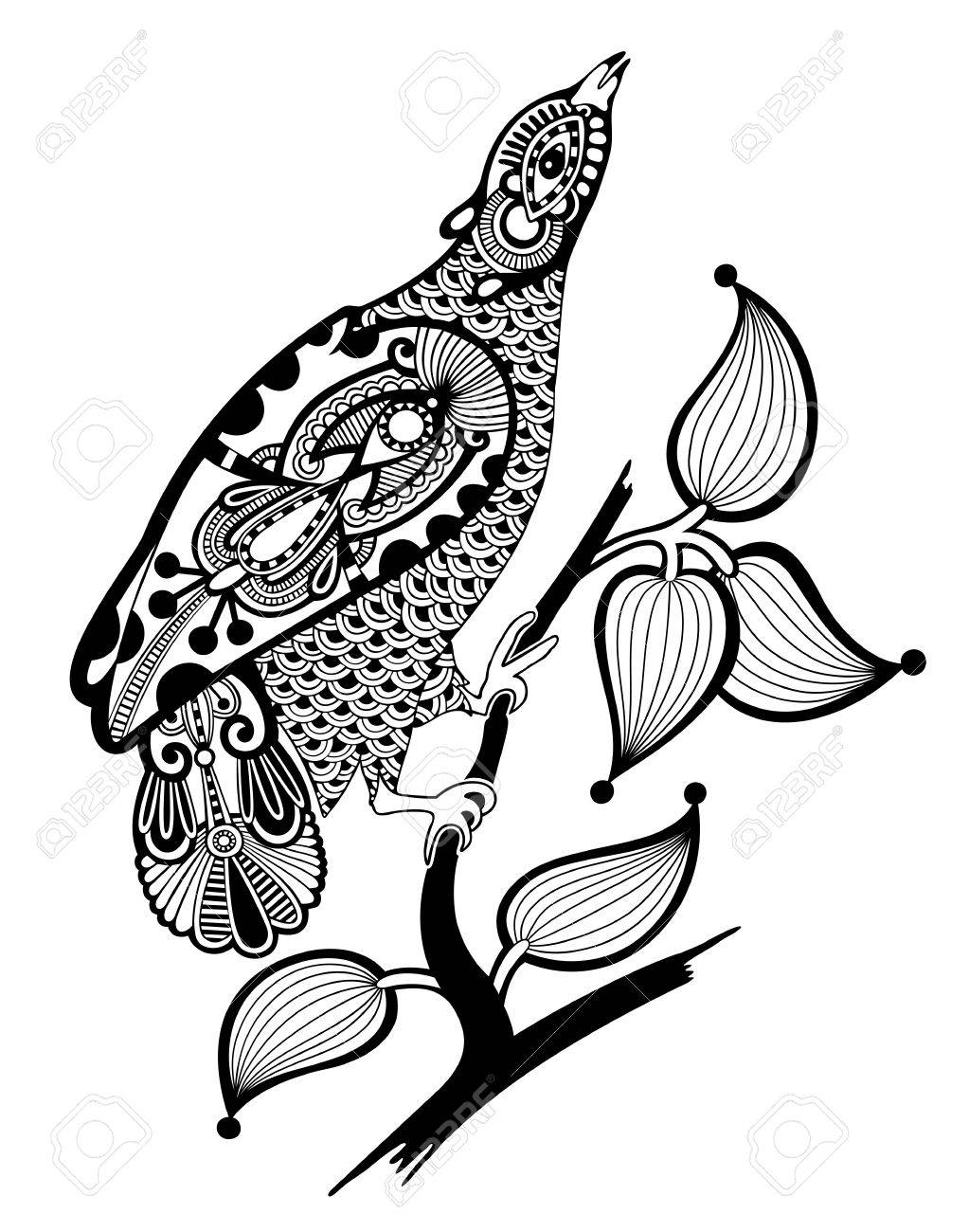 1023x1300 Hand Draw Ornate Ink Bird Decoration Royalty Free Cliparts