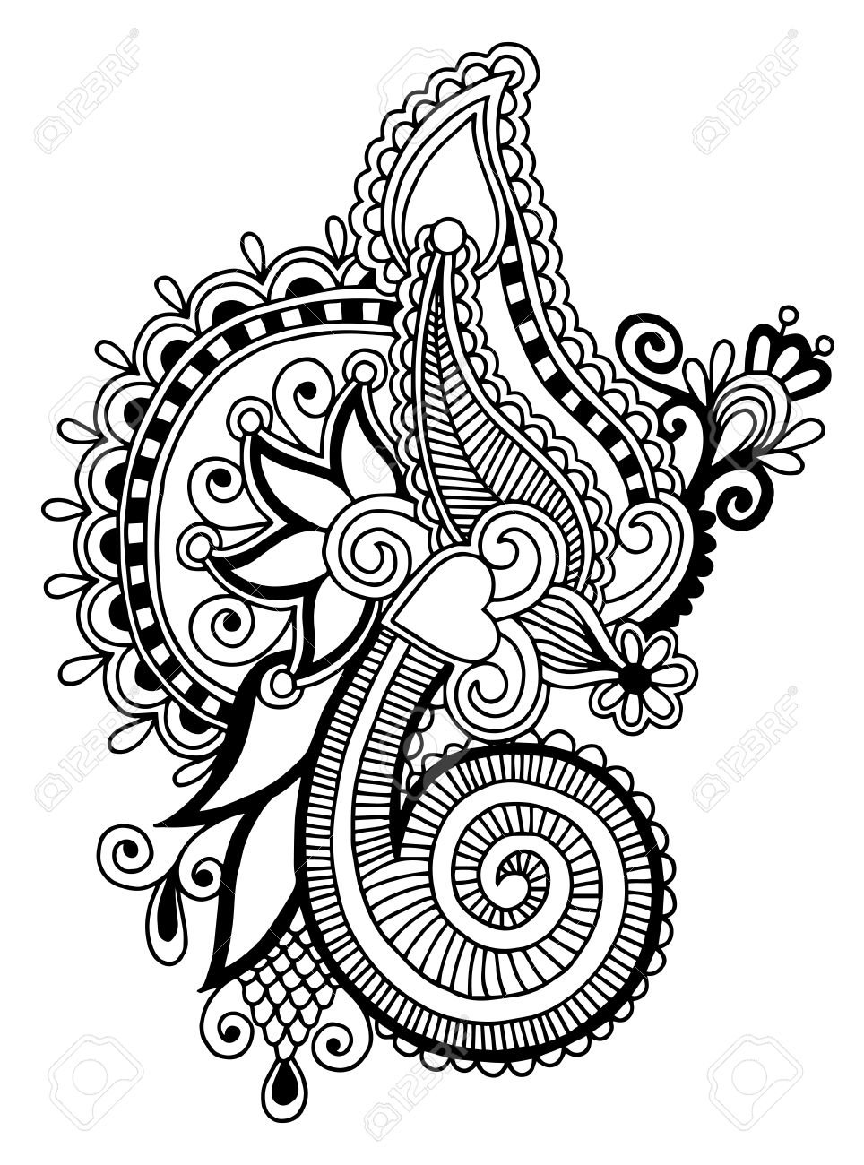 964x1300 Black Line Art Ornate Flower Design, Ukrainian Ethnic Style