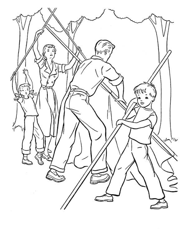 600x734 One Whole Family Help Each Other Building Camping Tent Coloring