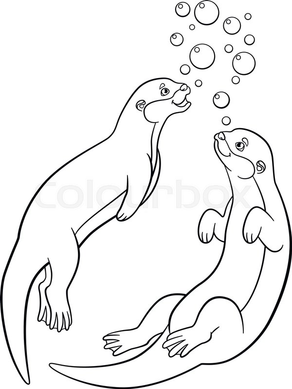 600x799 Coloring Pages. Two Little Cute Otters Swim And Smile. Stock