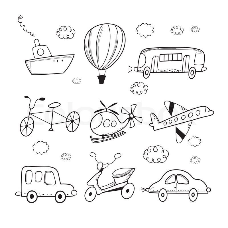 800x800 Funny Outline Drawing Of Different Types Of Transport On A White