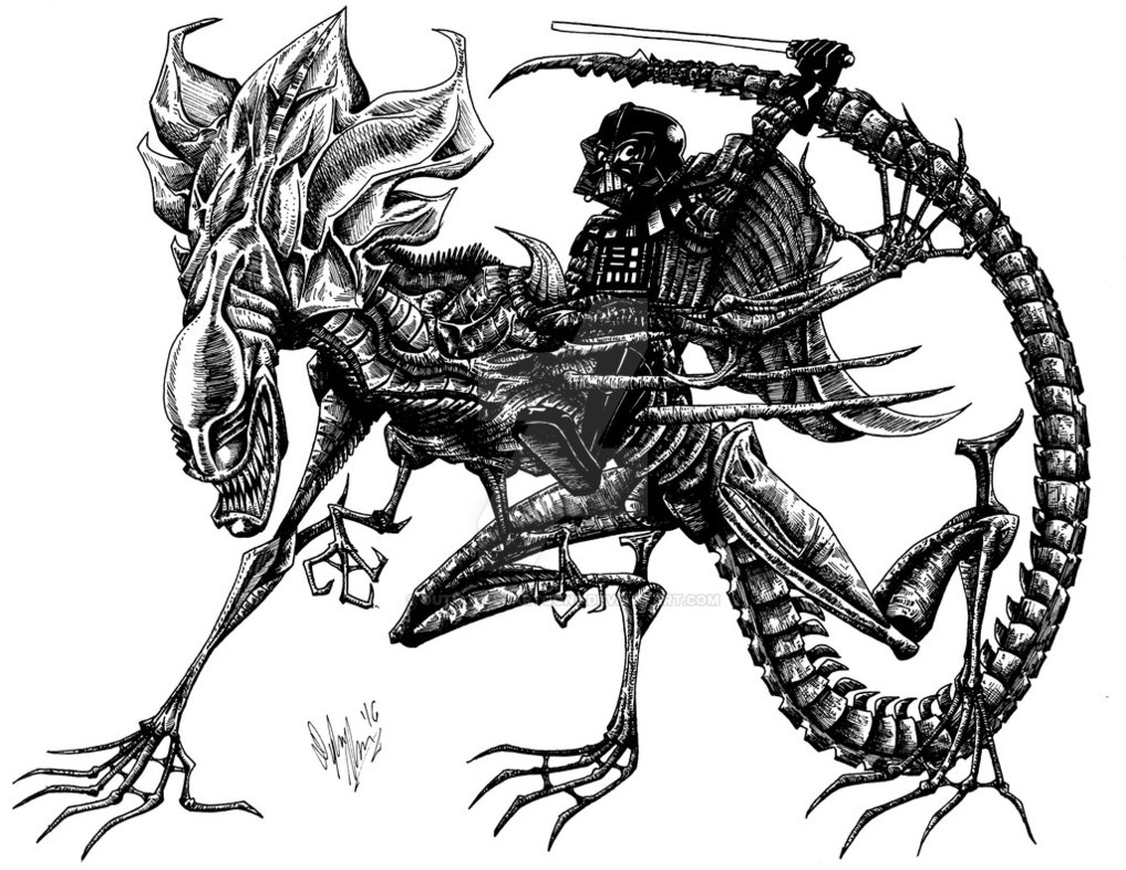 1017x786 Darth Vader Riding A Queen Xenomorph By Outhousecartoons