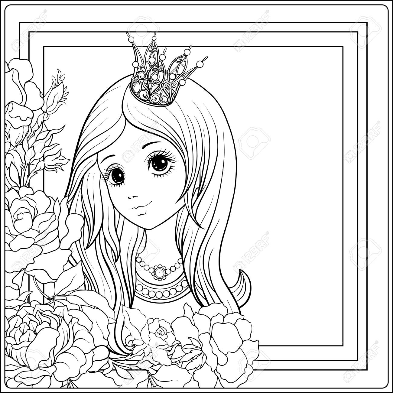 1300x1300 Young Nice Girl In Princess Crown In The Garden Of Roses. Outline