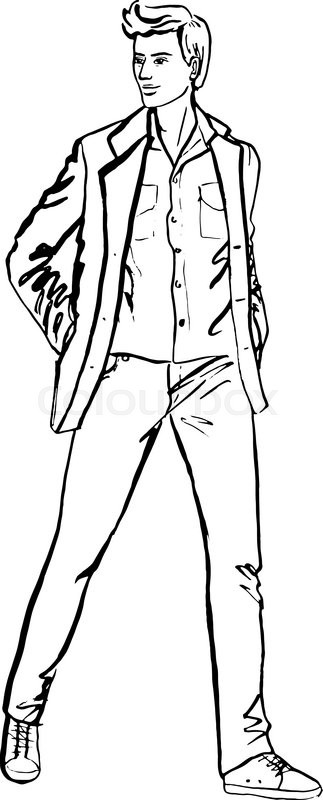 323x800 Illustration Of Standing Handsome Man. Fashion Outline Ink Hand