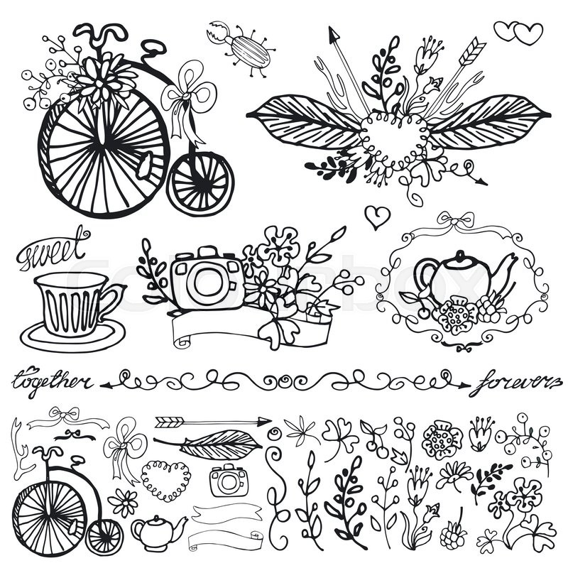 800x800 Doodle Floral Group Set.outline Hand Sketch Vintage Decor Elements