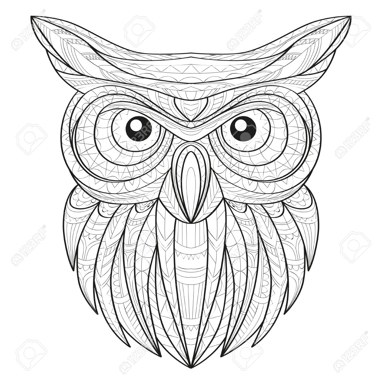 1300x1300 Hand Drawn Doodle Outline Owl Illustration. Decorative In African