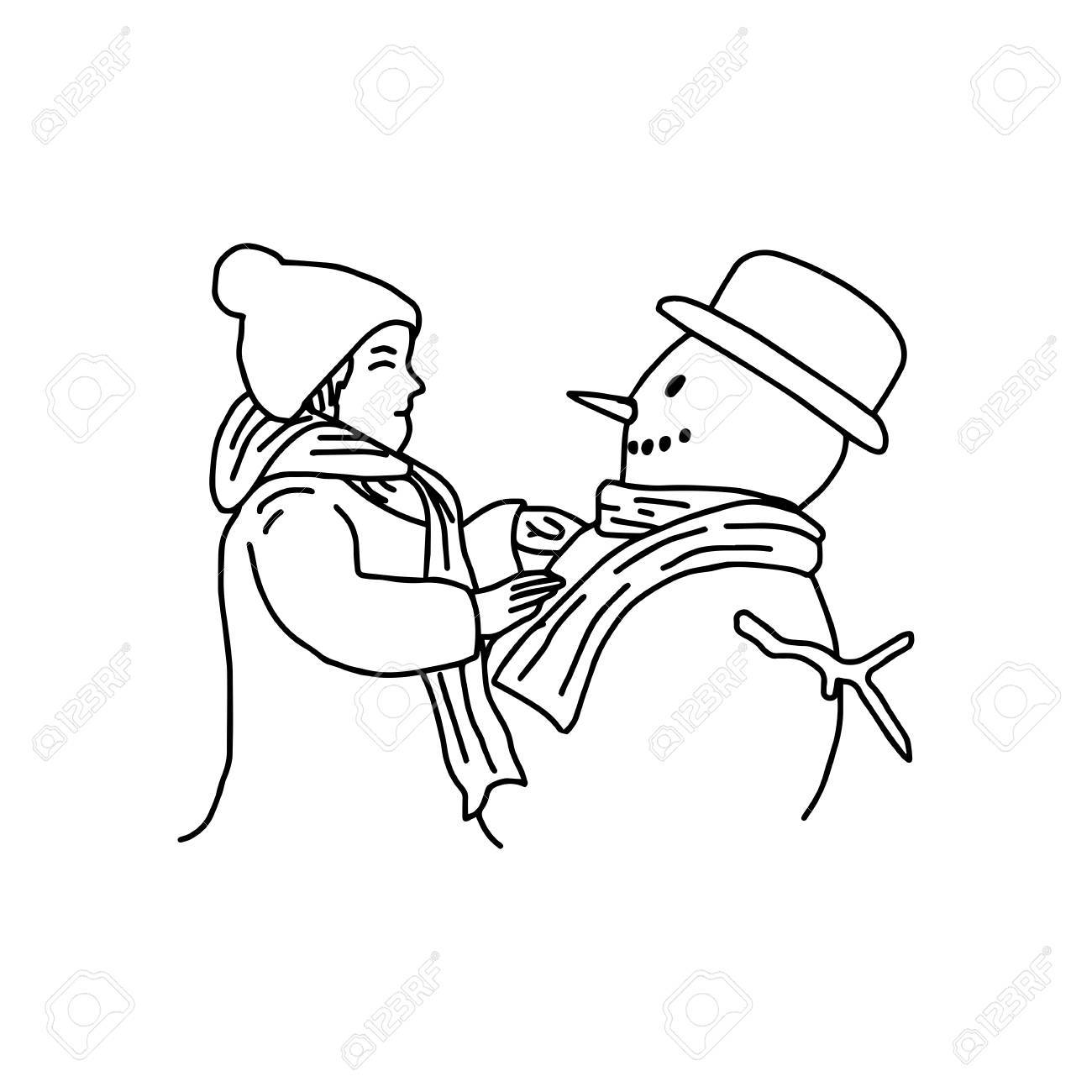 1300x1300 Young Girl Building A Snowman Vector Illustration Drawing