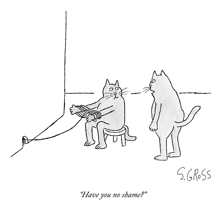 900x866 A Cat Sitting On A Stool Outside A Hole Drawing By Sam Gross