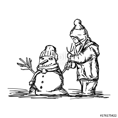 500x500 Happy Child Building Snowman Outside In Winter Time Vector