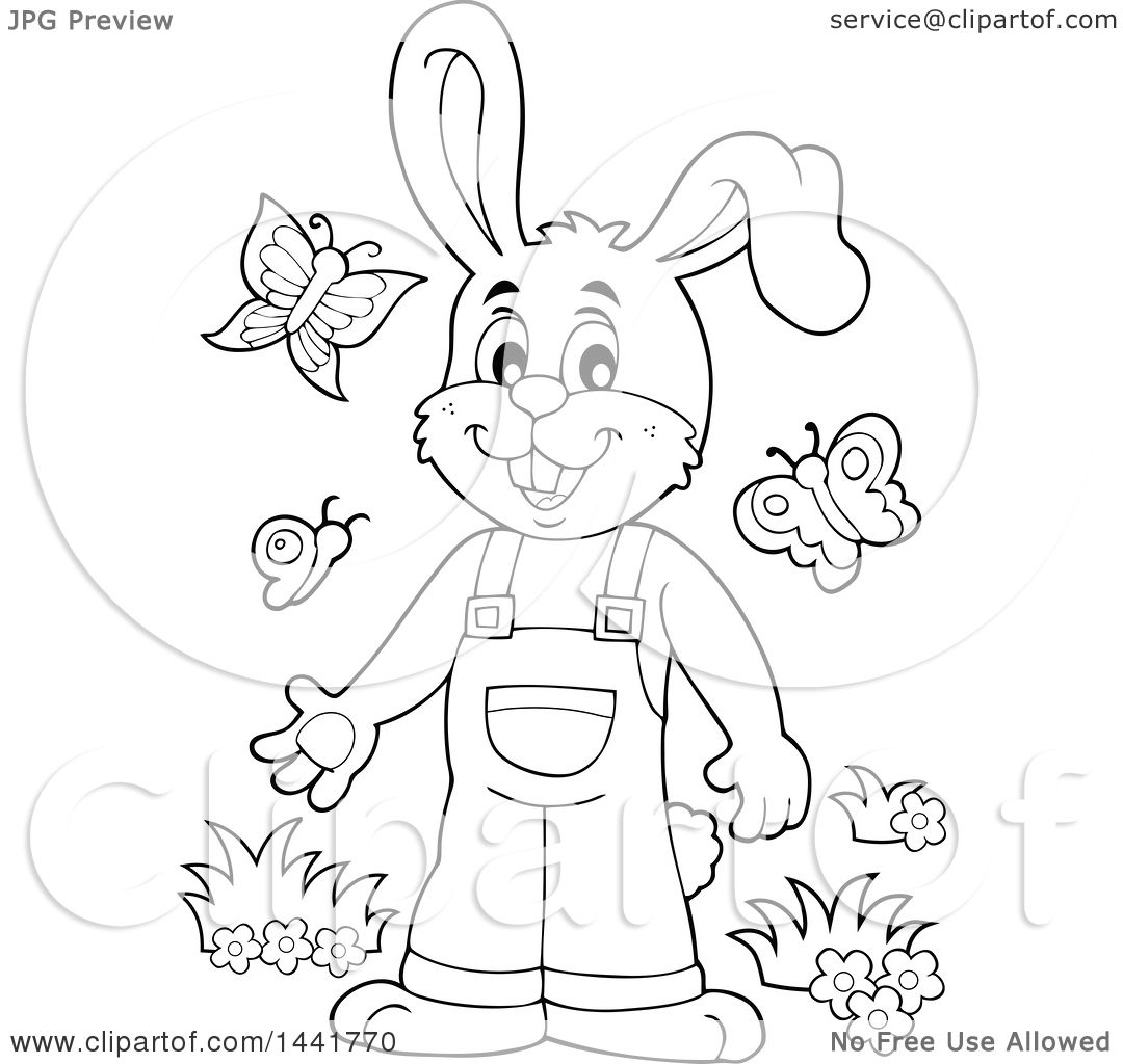 1080x1024 Clipart Of A Black And White Lineart Happy Bunny Rabbit Wearing