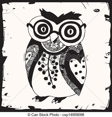 450x470 Cute Black Owl With Glasses On White Background With Black Eps