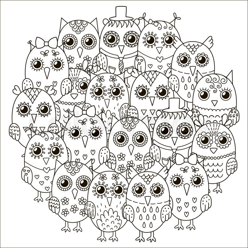800x800 Circle Shape Pattern With Cute Owls For Coloring Book. Black