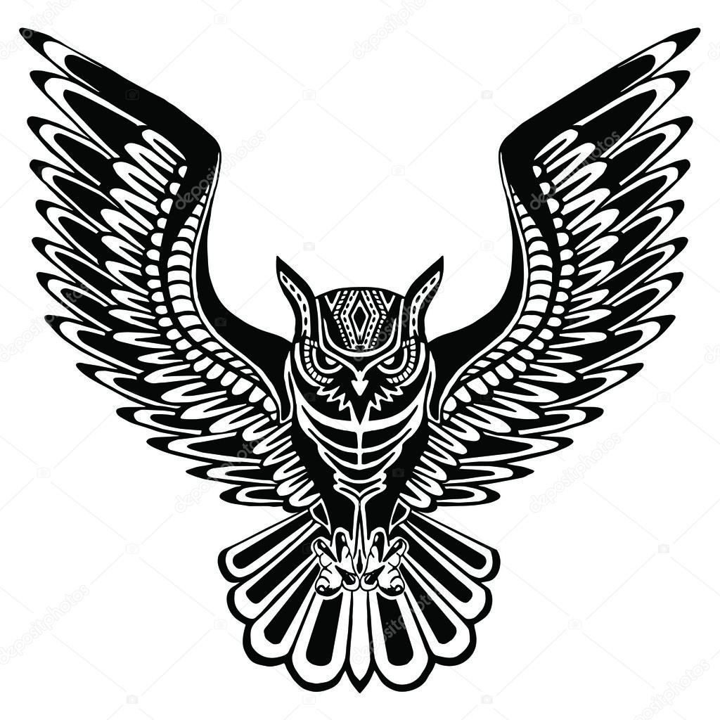 1024x1024 Flying Owl Black Silhouette With A Pattern On The Body. Stock