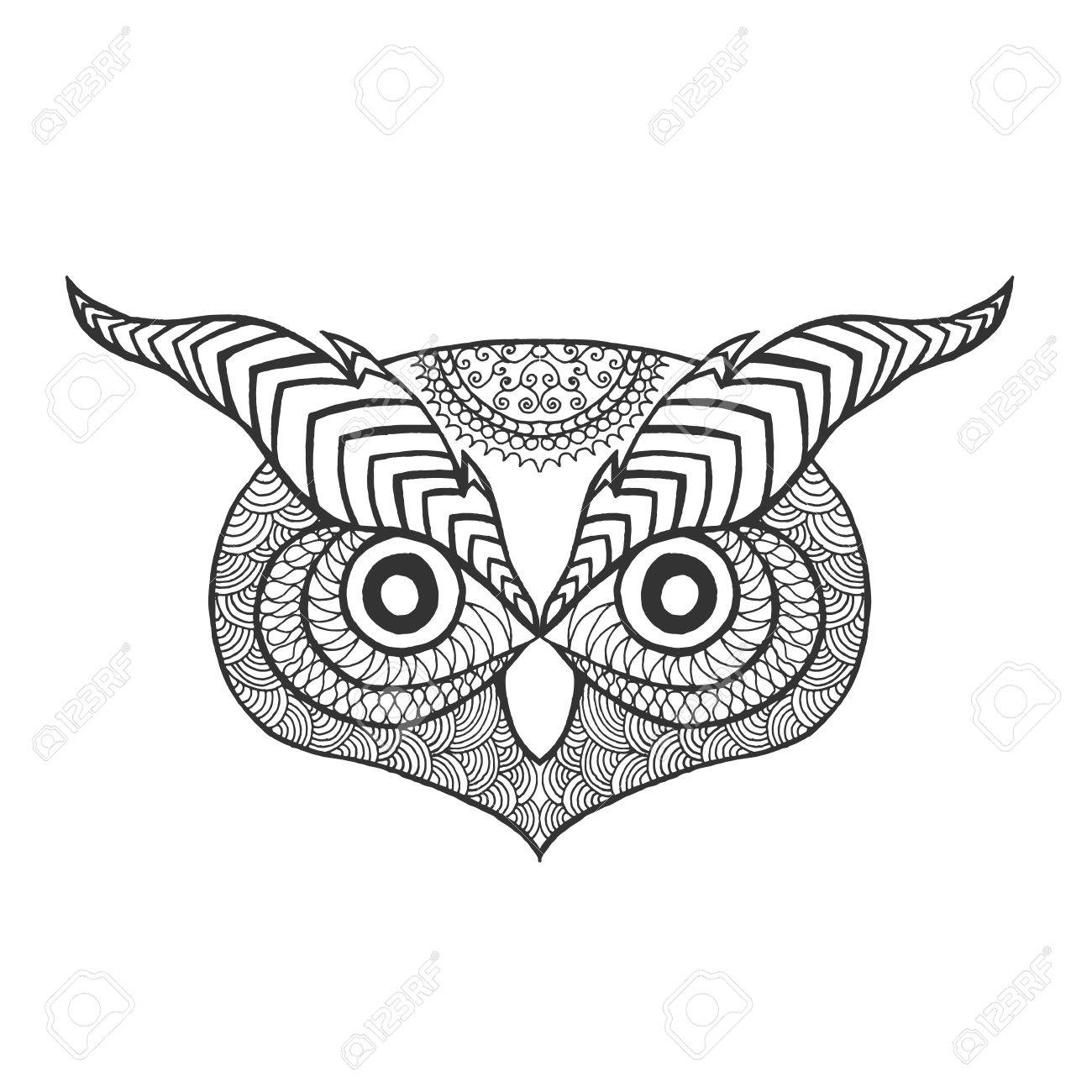 1300x1300 Eagle Owl Head. Adult Anti Stress Coloring Page. Black White Hand