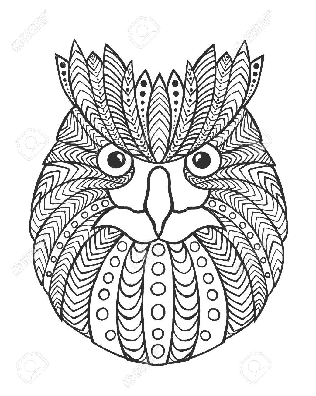 1040x1300 Eagle Owl Head. Adult Antistress Coloring Page. Black White Hand