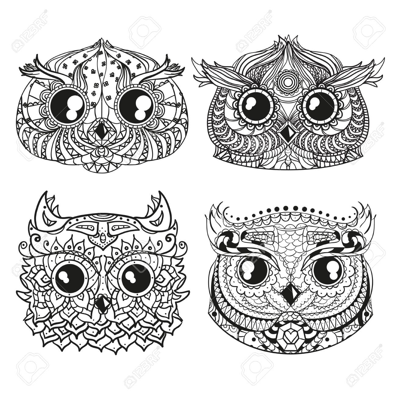 1300x1300 Owls. Heads. Design Hand Drawn Owl With Abstract Patterns