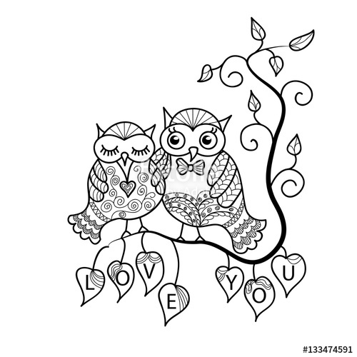 500x500 Two Cute Owls On A Tree Branch. Hand Drawn Owl In Doodle Art Style