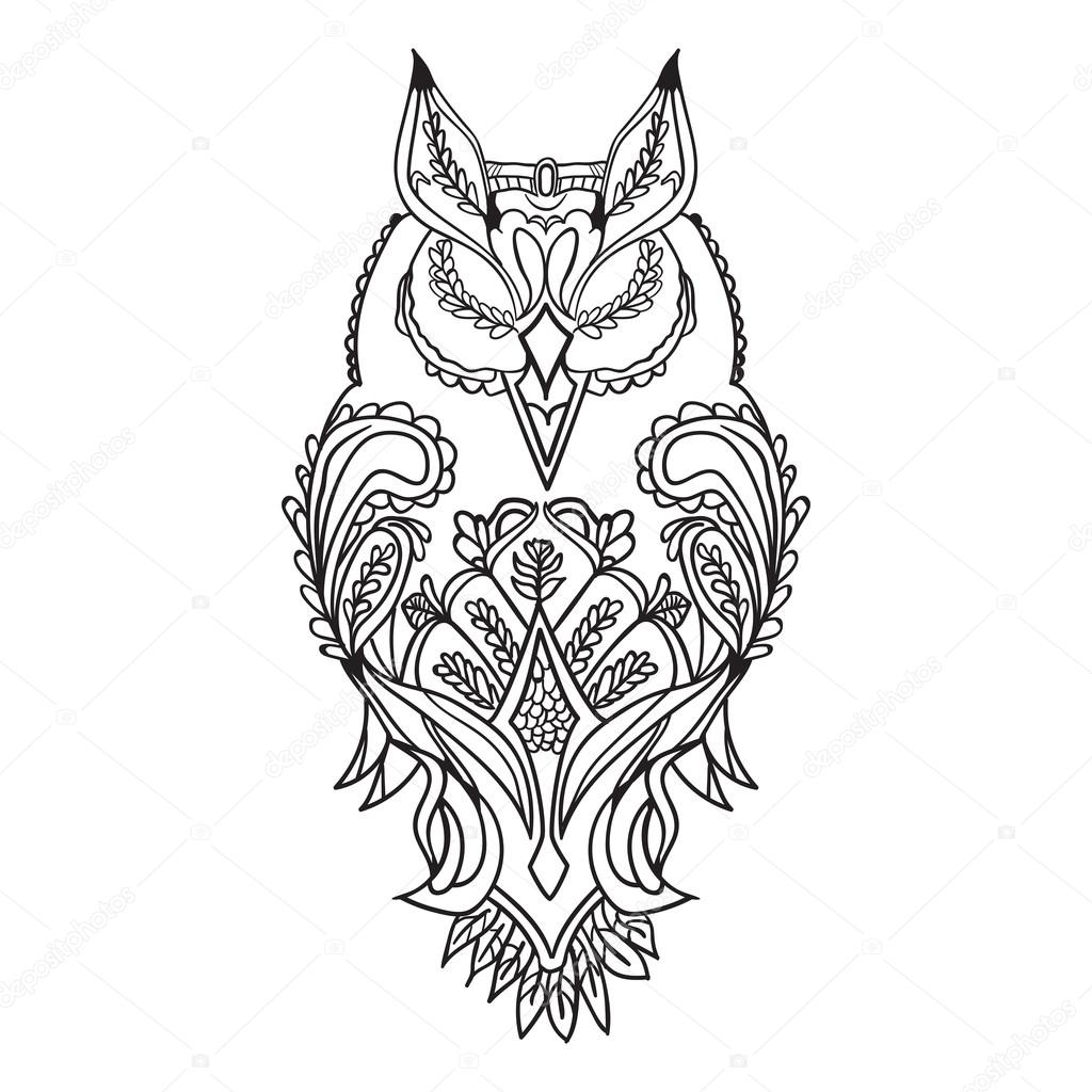 1024x1024 The Outline Of The Owl Is Black, With Patterns For Drawing, Vector