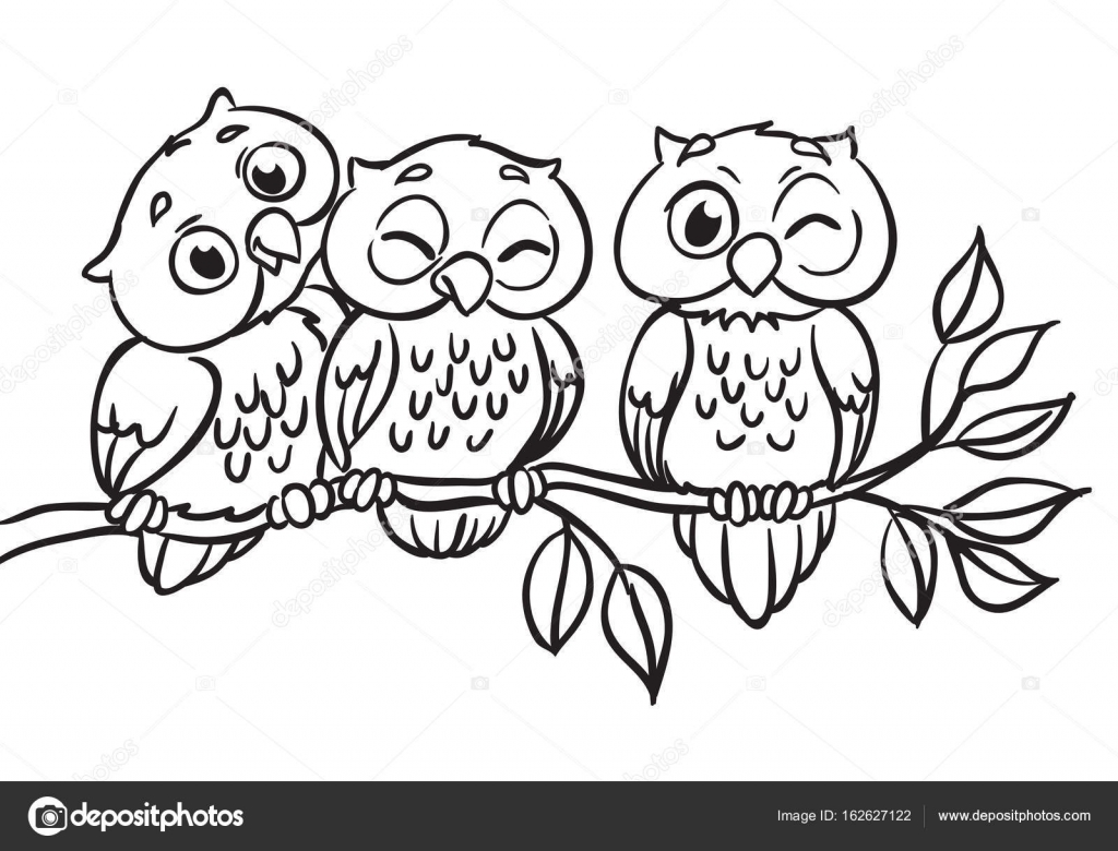 1024x780 Three Owls Are Sitting On A Branch. Stock Vector Efoxly