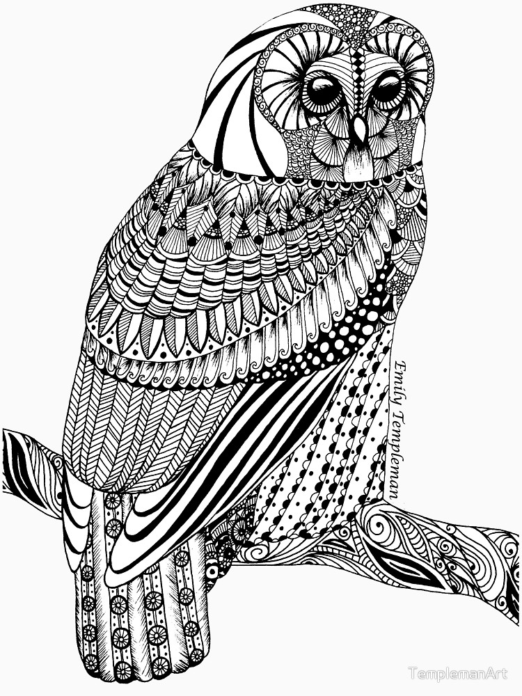 750x1000 Zentangle Tawny Owl With Branch Unisex T Shirt By Templemanart