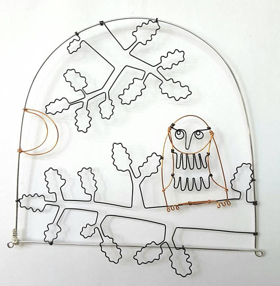 570x582 Owl In Tree With Moon Wire Drawing Wire Wall Hanging