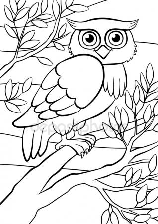 318x450 Vector Cartoon Illustration With Cute Owl Sits On Tree Branch