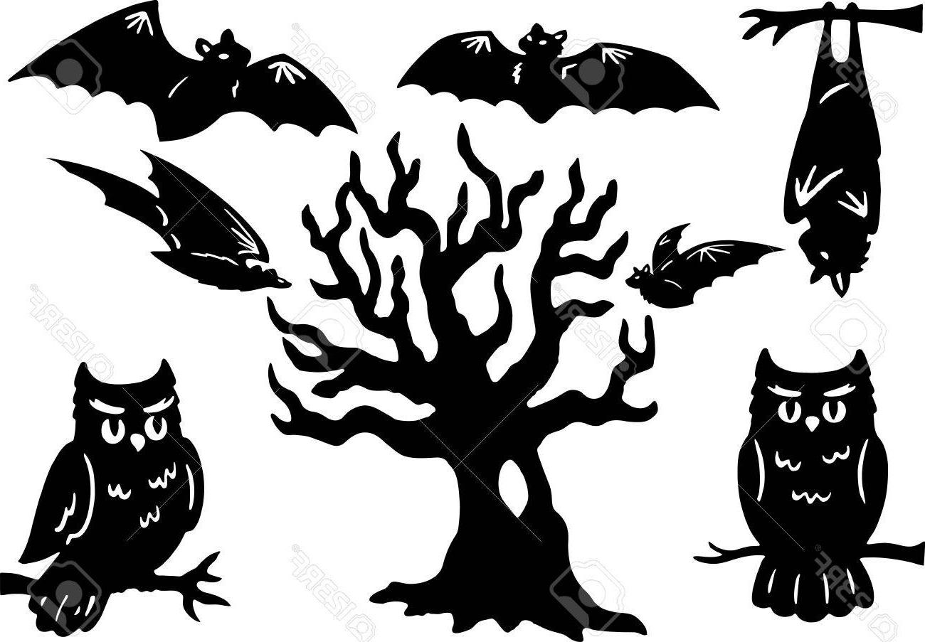 1300x903 Best 15 Halloween Silhouettes With Owl Bats And Tree Stock Vector
