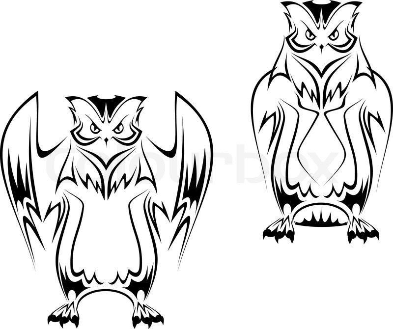 800x670 Owl Tattoo In Two Variations On White Background Stock Vector
