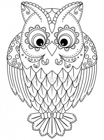 337x450 Decorative Owl. Adult Anti Stress Coloring Page Stock Vector