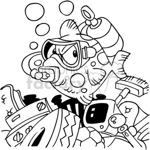 300x300 Royalty Free Black White Cartoon Fish Wearing Scuba Mask 387908