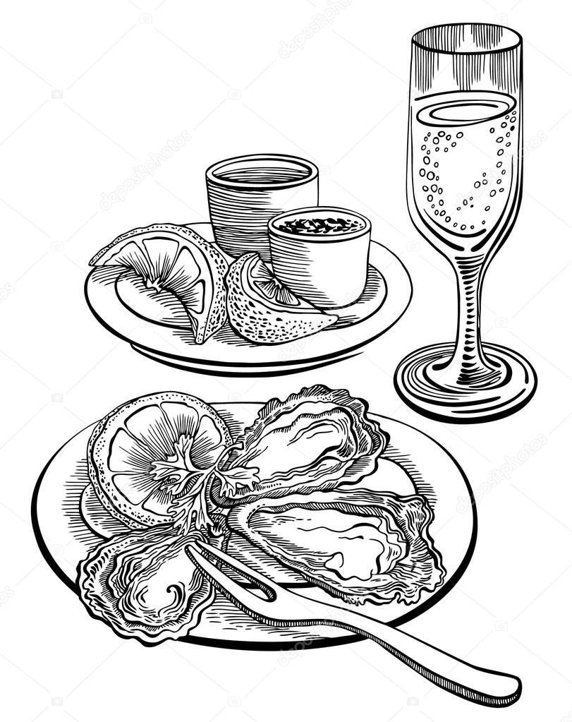 811x1023 Oysters Plate. Vector Hand Drawn Oysters Set. Vintage Line Art