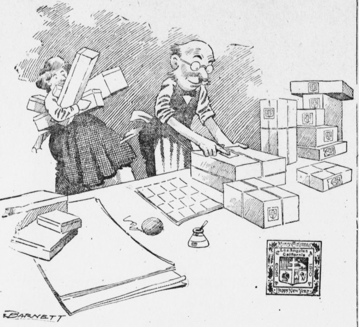 700x637 Filecartoon Of Man Pasting Christmas Seals On Package While Woman