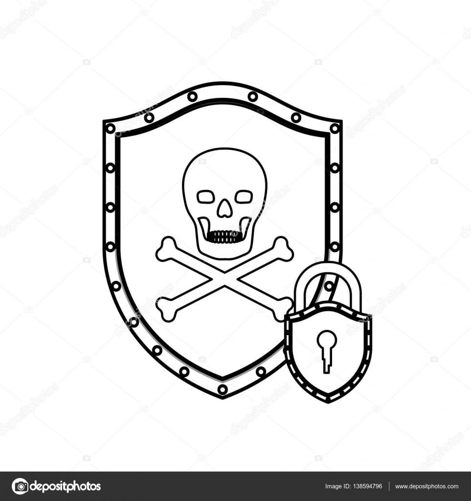 963x1024 Monochrome Silhouette With Shield With Skull And Bones And Padlock