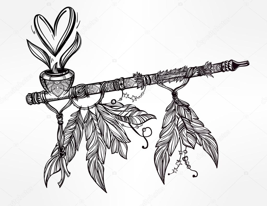1023x787 Pagan Indian Smoking Pipe Of Love And Peace. Stock Vector