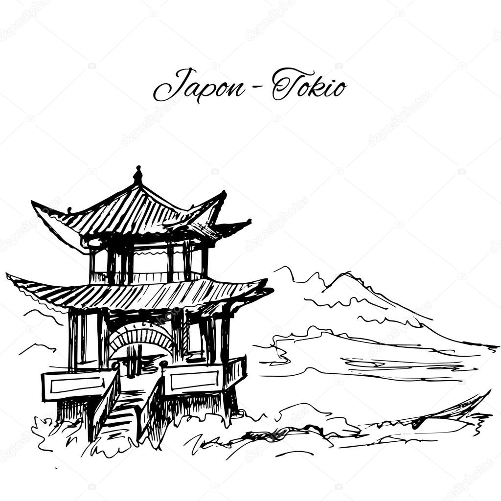 1024x1024 Hand Drawn Japanese Multi Storey Pagoda Scene Stock Vector