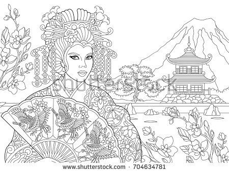 450x341 Coloring Page Of Geisha (Japanese Dancing Actress) With Pagoda